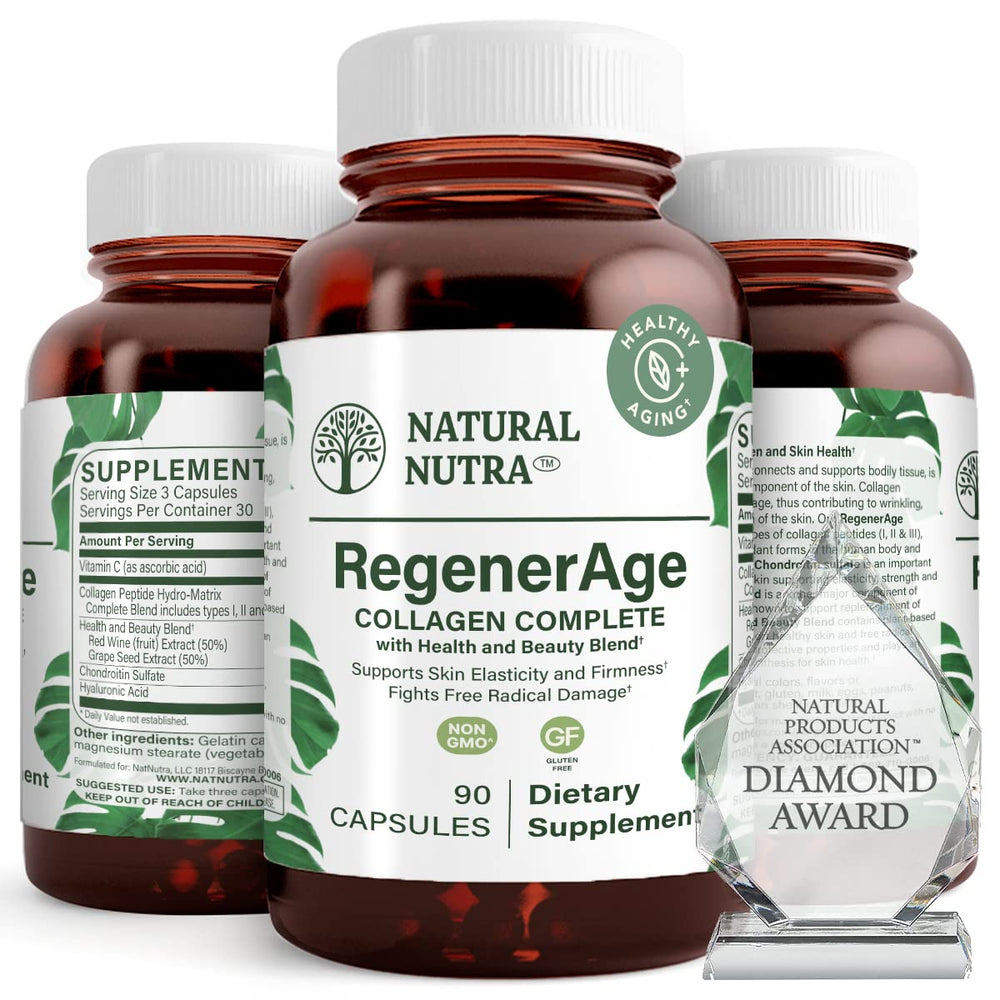 Natural Nutra RegenerAge bottle and capsules for convenient daily skin support.