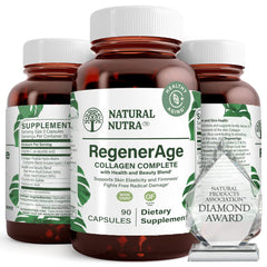 Natural Nutra RegenerAge bottle and capsules for convenient daily skin support.