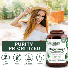 Natural Nutra RegenerAge amber glass bottle emphasizes purity and recyclable packaging.