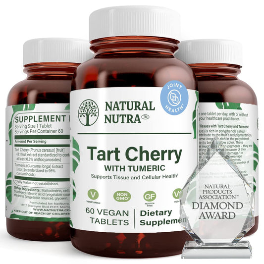 Natural Nutra Tart Cherry Extract bottle showing vegan formula for joint support