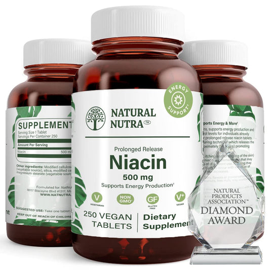Natural Nutra Time-Release Niacin 500mg bottle with slow-release formula for steady energy support.
