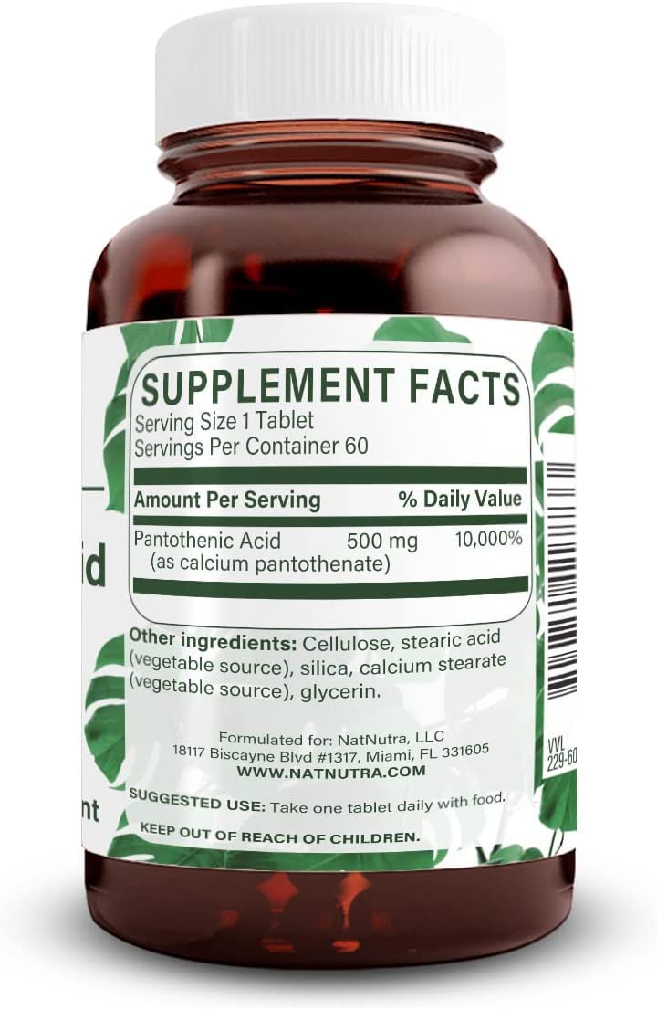 Natural Nutra Pantothenic Acid label close-up shows 500 mg formulation for metabolism support