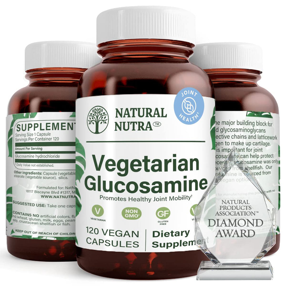 Natural Nutra vegan glucosamine bottle highlighting plant-based joint support for daily activity.