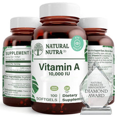 Natural Nutra Vitamin A bottle label shows two-pack for daily eye and skin support