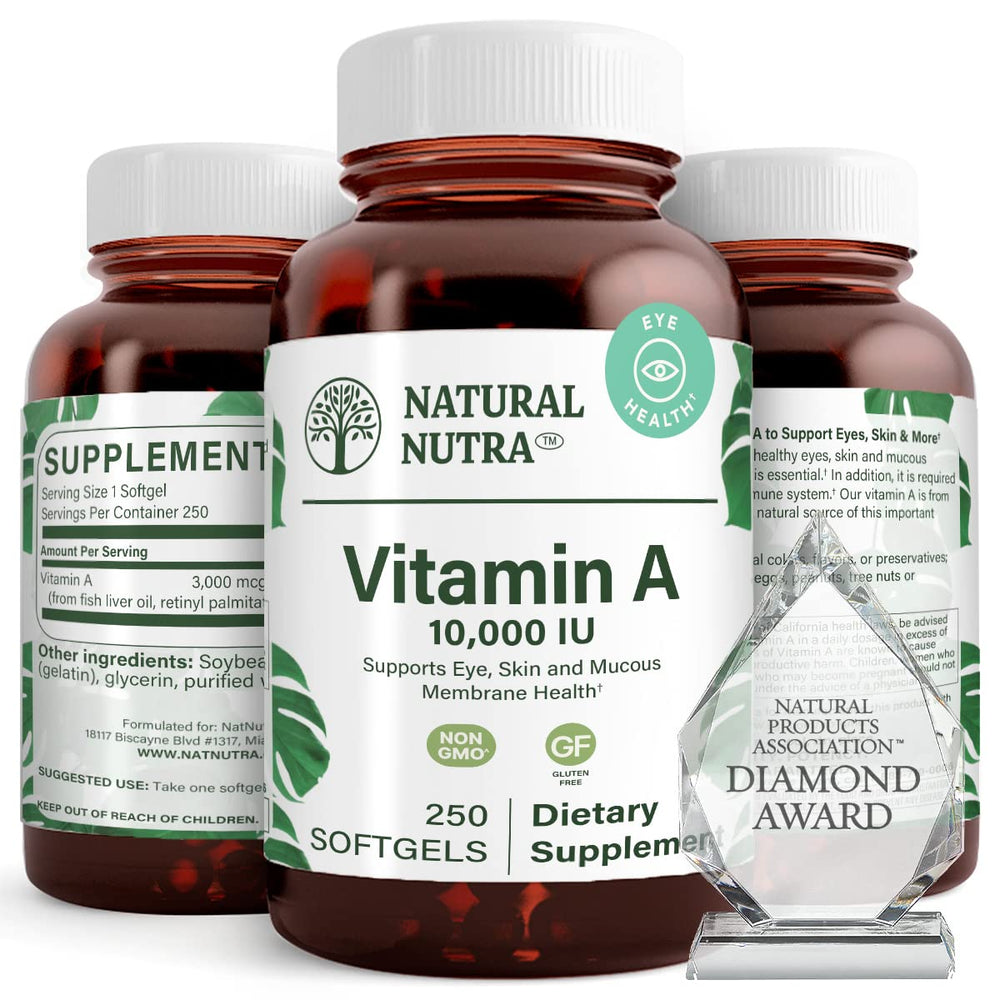 Natural Nutra Vitamin A 10,000 IU softgels bottle supports eye health and skin vitality.