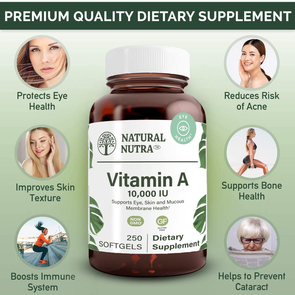 Natural Nutra Vitamin A gluten-free label highlights allergen-free supplement option.