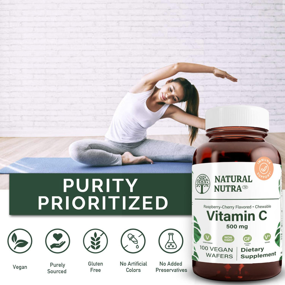 USA-made Natural Nutra Vitamin C wafers label indicates quality and safety.