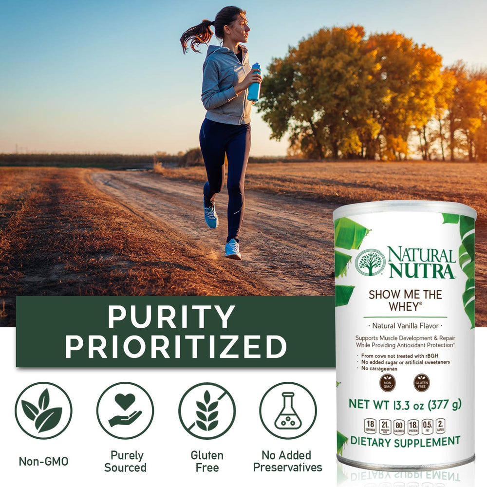 Natural Nutra whey powder with scoop ready for a quick shake