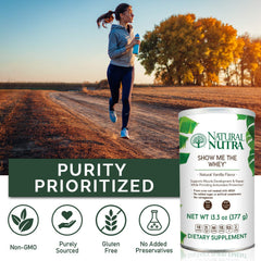 Natural Nutra whey powder with scoop ready for a quick shake