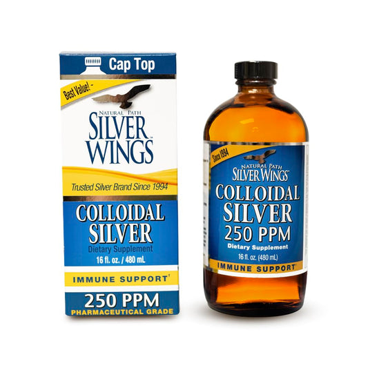 Natural Path Silver Wings colloidal silver bottle pour highlights precise dosing.