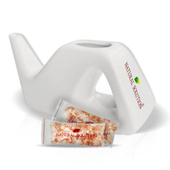 Natural Solution ceramic neti pot angled view illustrates ergonomic design for gentle nasal irrigation.