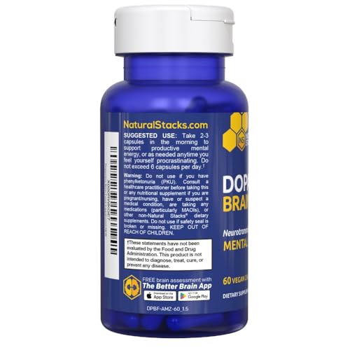 NATURAL STACKS Dopamine Brain Food packaging label emphasizing transparency.