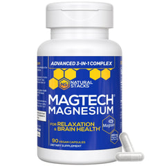 Natural Stacks MagTech bottle label highlighting a 200 mg magnesium complex for daily brain support.