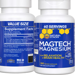 Natural Stacks MagTech bottle label showing triple magnesium blend for brain support.