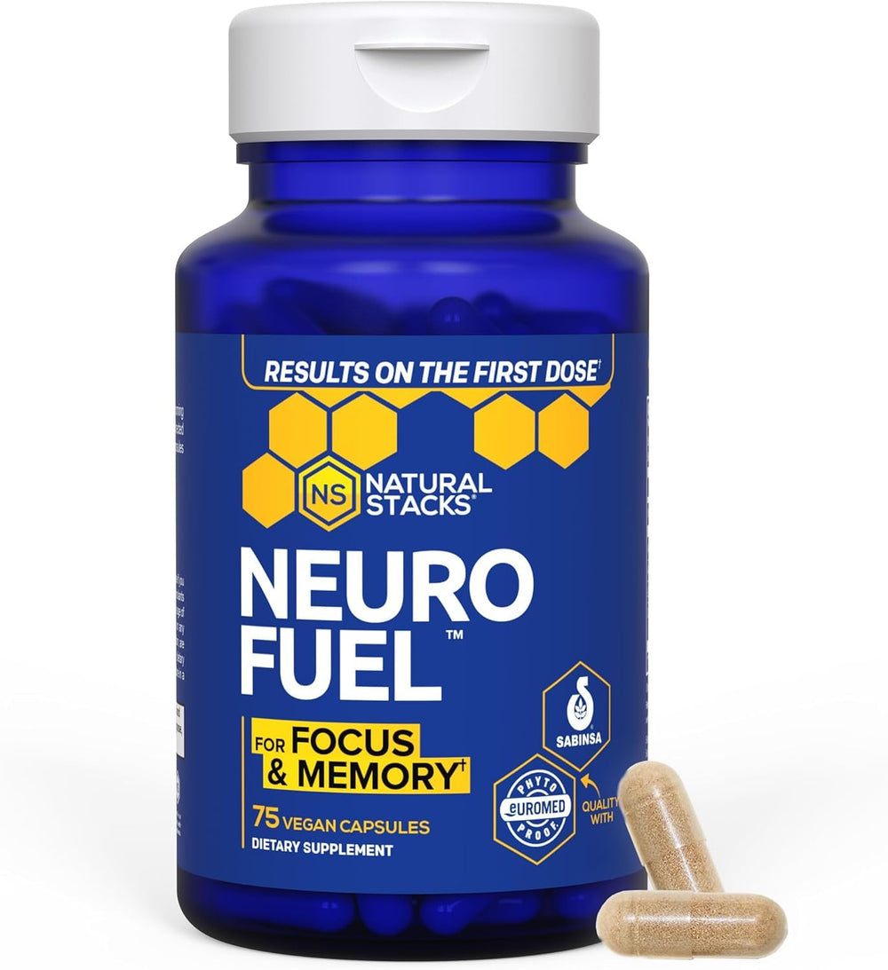Natural Stacks NeuroFuel bottle closeup highlighting focus and memory support