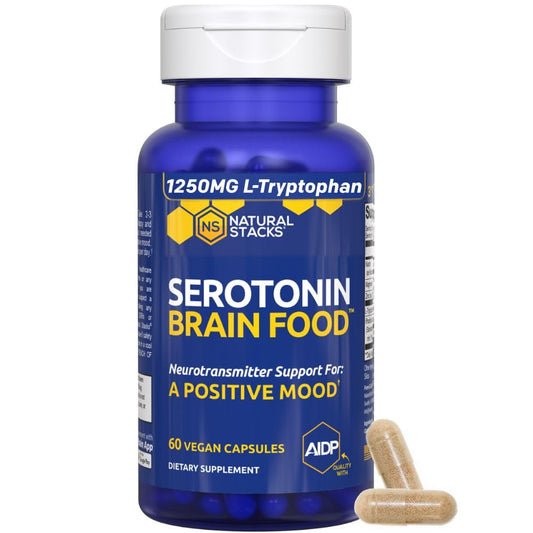 NATURAL STACKS Serotonin Brain Food bottle promoting mood support.
