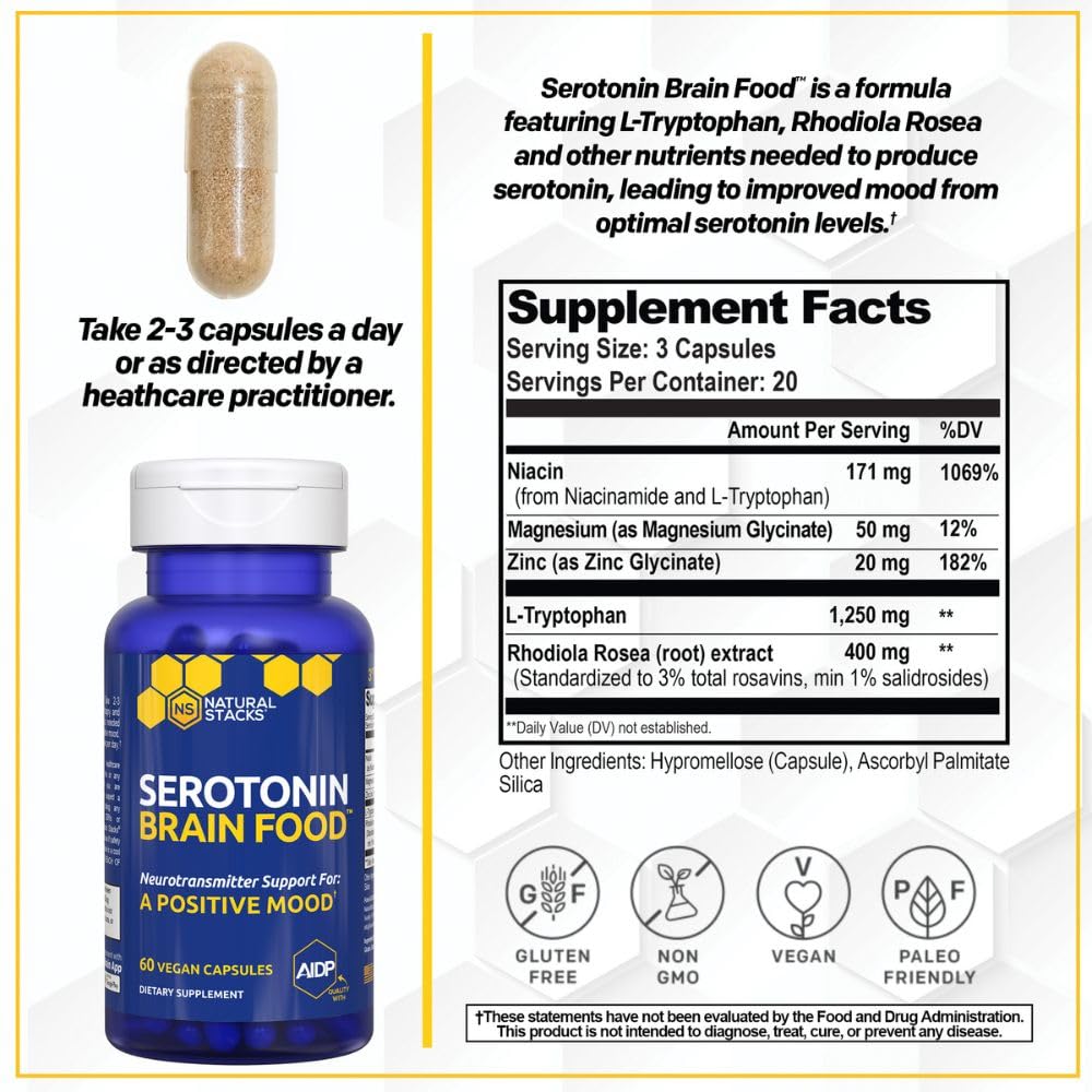 NATURAL STACKS Serotonin Brain Food capsules close-up for mood support.