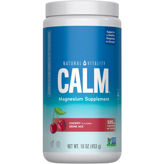 Natural Vitality CALM bottle being poured for a relaxing moment.