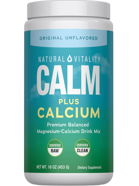 Natural Vitality CALM bottle with magnesium drink mix for a calming moment.