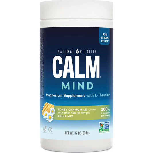 Natural Vitality CALM Mind bottle label shows honey chamomile flavor for a calming sip
