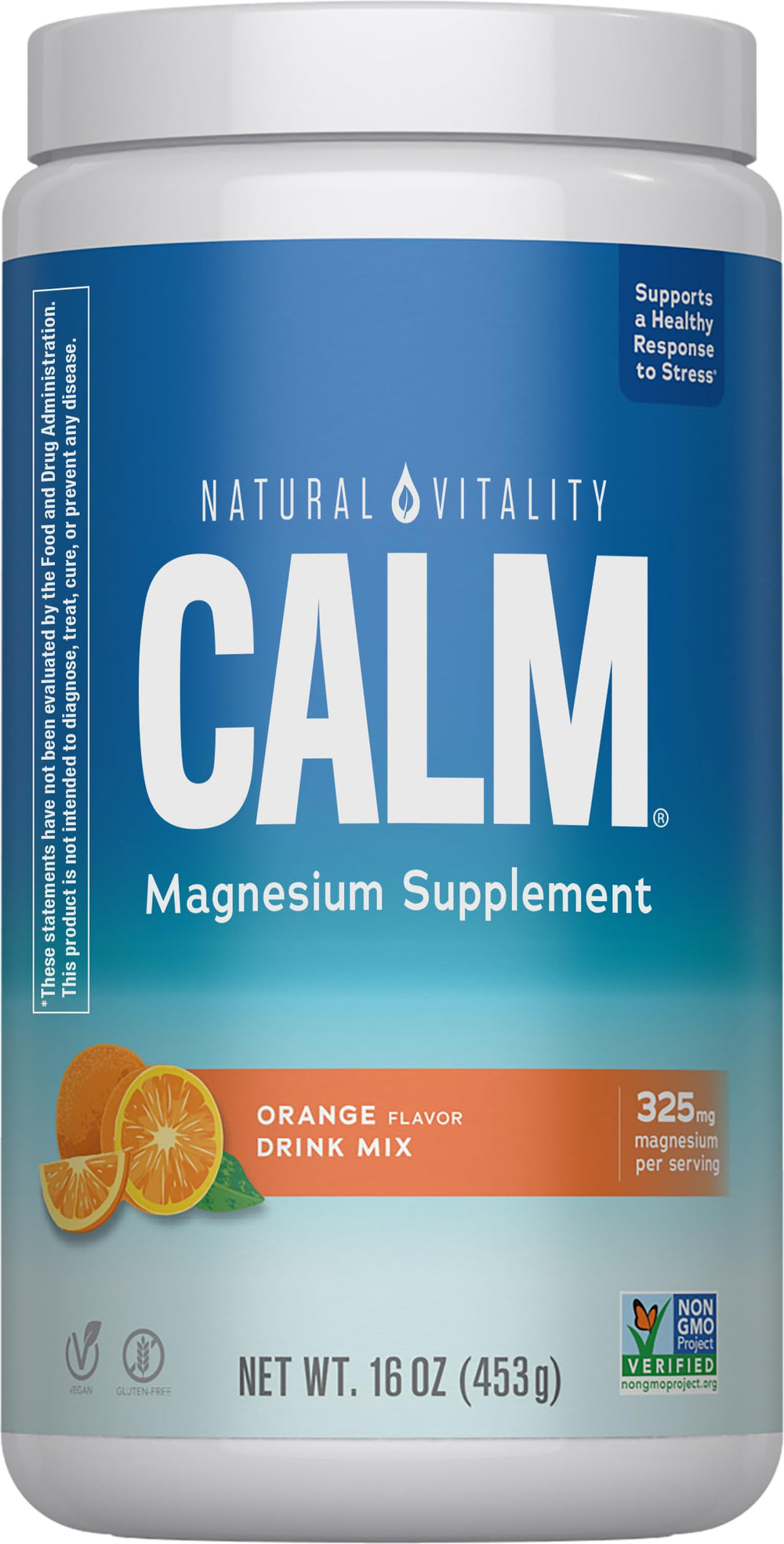 Natural Vitality CALM orange drink mix poured to support relaxed mood
