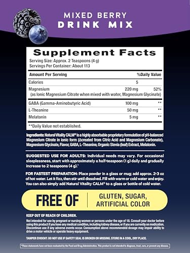 Natural Vitality Calm Sleep powder being poured into a glass for a smoother night
