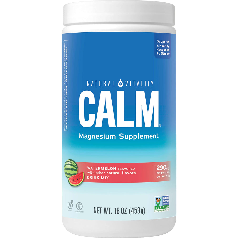 Natural Vitality CALM watermelon powder bottle ready to mix for calm moments