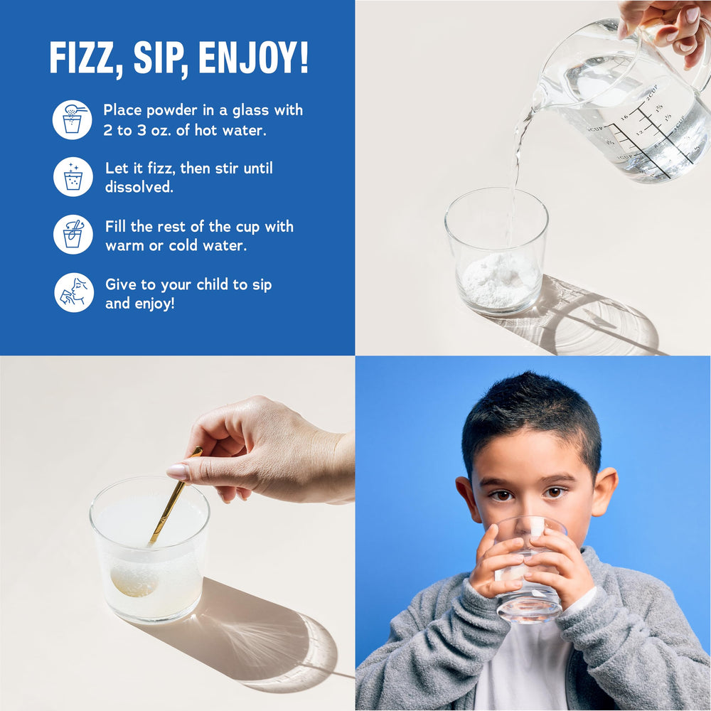 Natural Vitality Kids Calm ingredients panel highlights magnesium and vitamins.