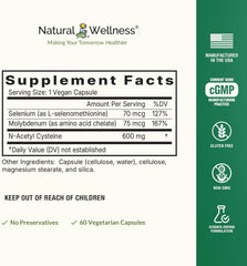 Natural Wellness NAC Plus label close-up showing selenium and molybdenum cofactors
