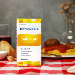 NaturalCare Buffer pH bottle side with label details and a safe, non habit forming formula.