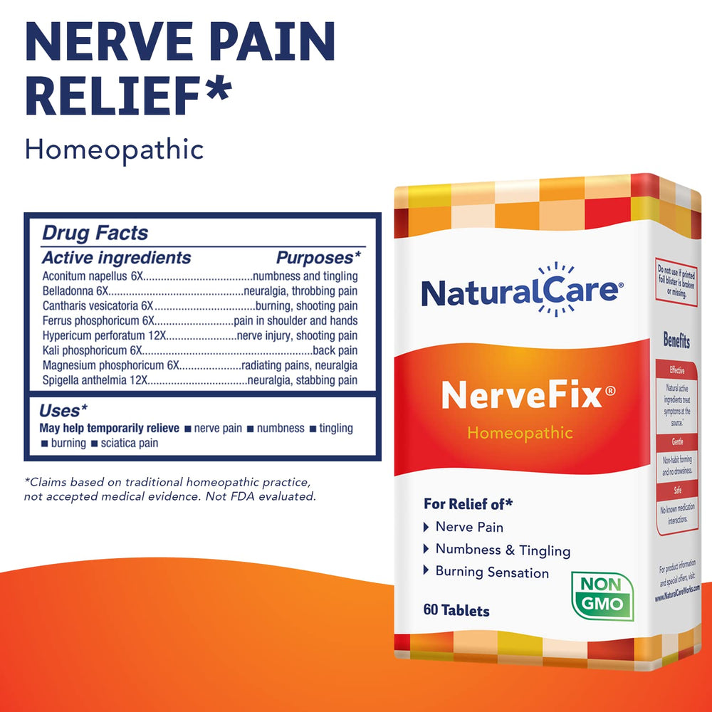 NaturalCare NerveFix tablets close-up showing a natural nerve support formula.