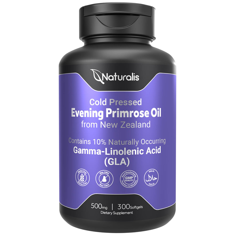 Naturalis Evening Primrose Oil bottle on shelf, showcasing pure NZ-sourced supplement for skin support.