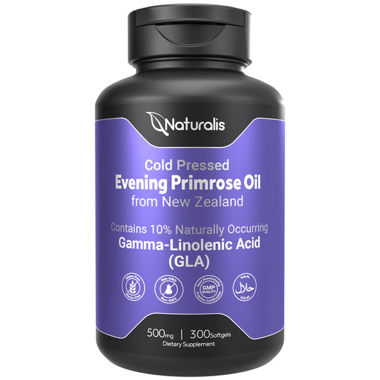 Naturalis Evening Primrose Oil bottle on shelf, showcasing pure NZ-sourced supplement for skin support.