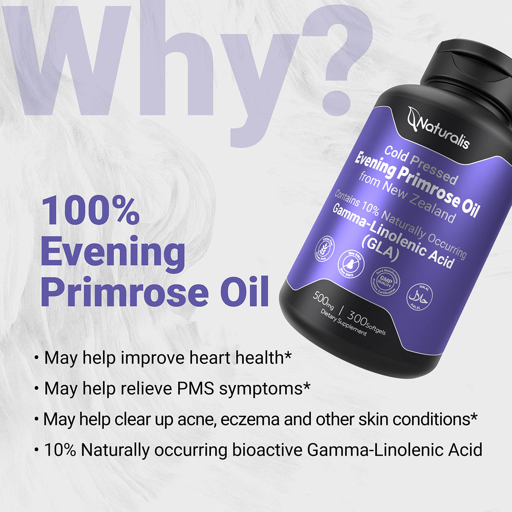 Naturalis Evening Primrose Oil softgels poured, suggesting easy daily ritual.
