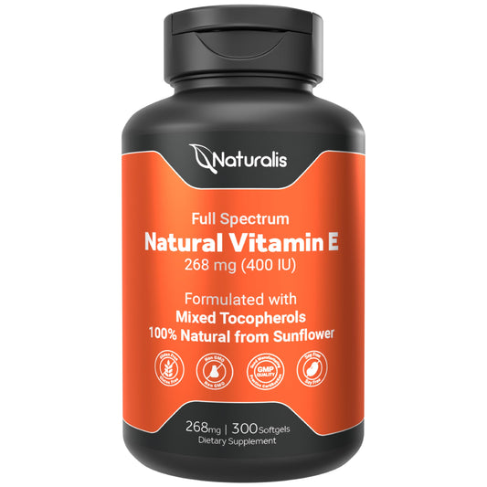 Naturalis Sunflower Vitamin E 268mg bottle with daily softgel support.