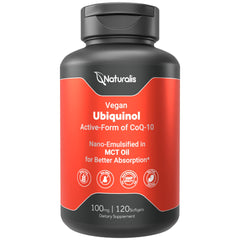 Naturalis Ubiquinol 100mg bottle pour for easy daily dosing.