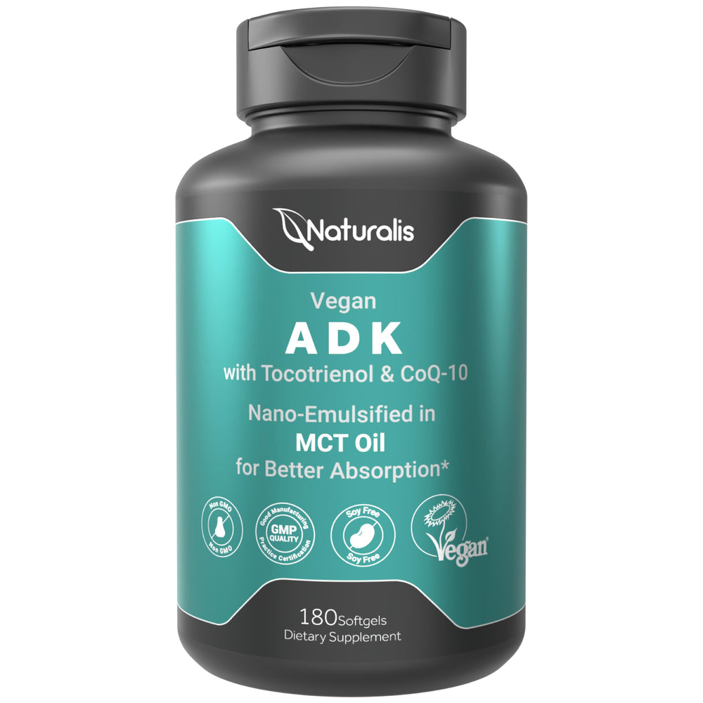 Naturalis Vegan ADKE softgels bottle for convenient daily supplementation.