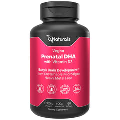 Naturalis Vegan Prenatal bottle-front highlighting full-spectrum omega-3 for fetal development