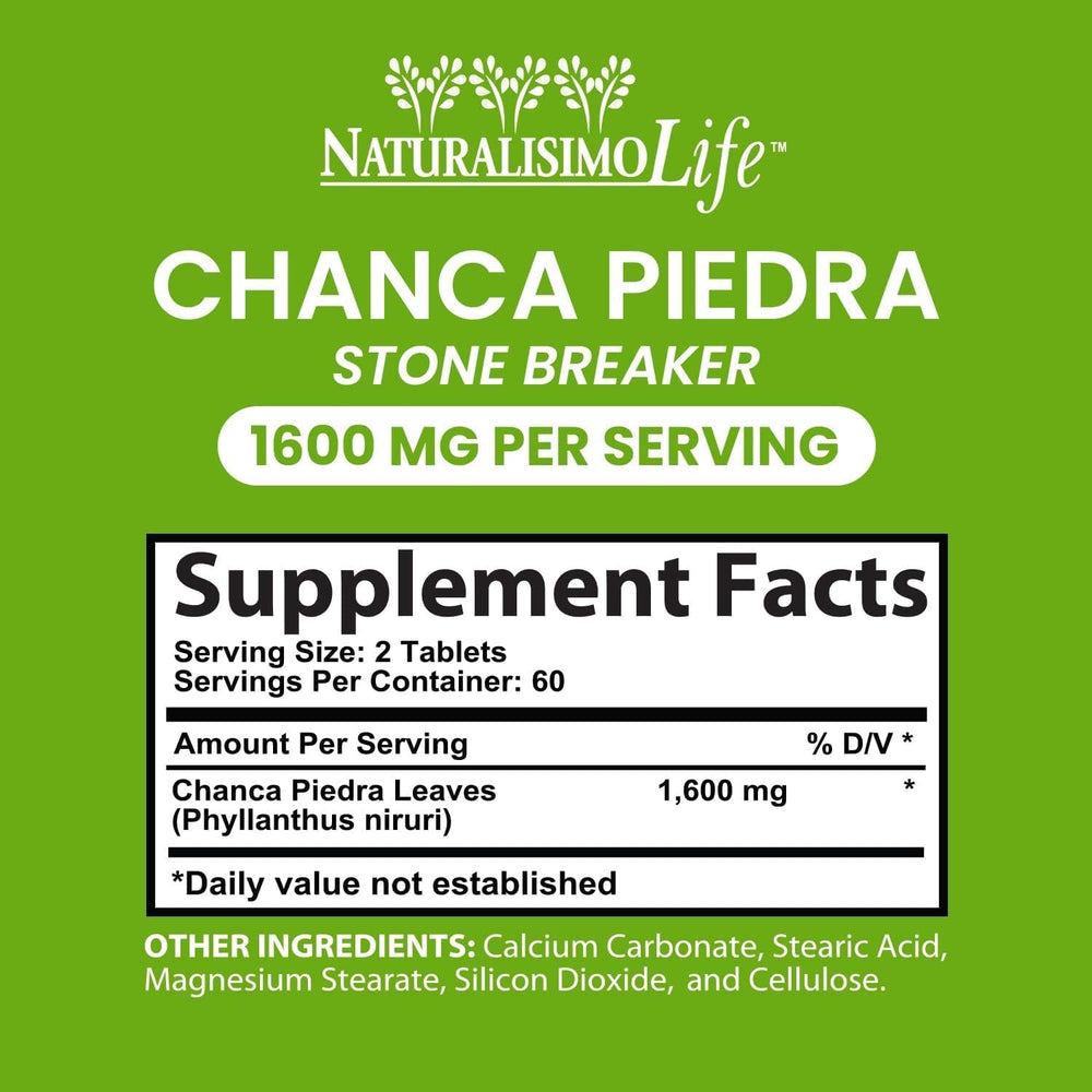 NaturalisimoLife chanca piedra bottle label highlights vegan and non-GMO features.
