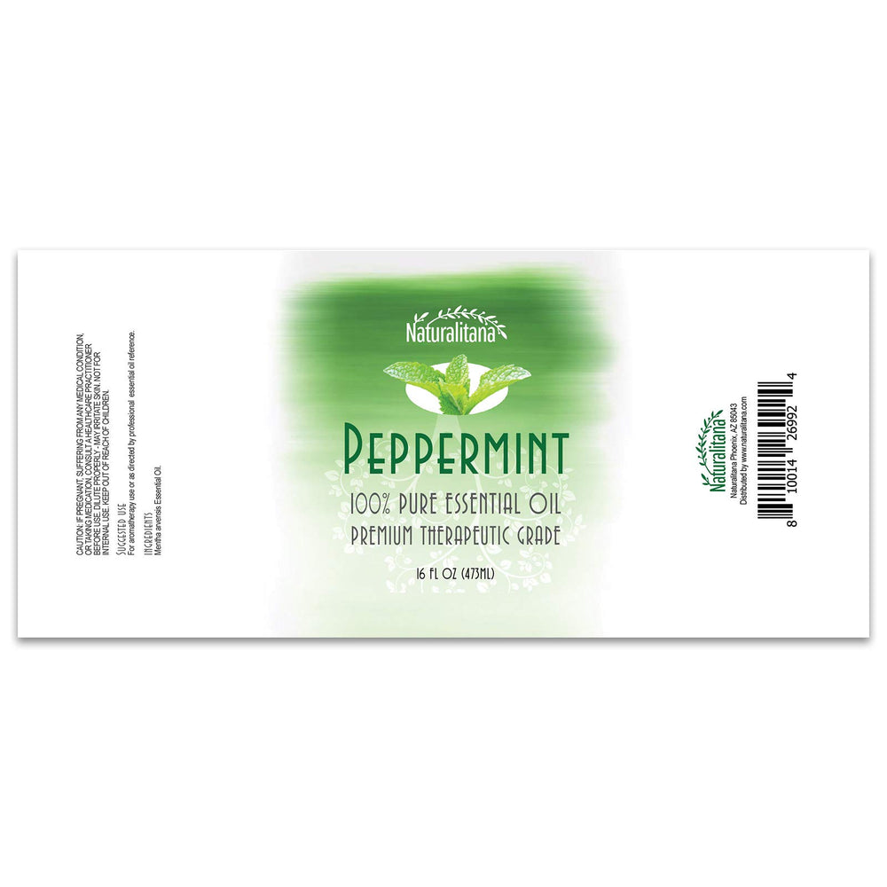 Naturalitana Peppermint oil bottle shown for topical use with a carrier oil.