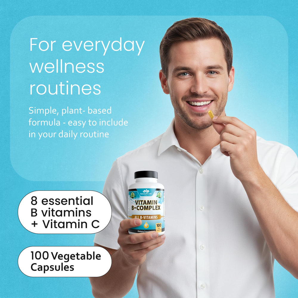 NaturaLife Labs Vitamin B-Complex vegan gluten-free label indicates plant-based capsules