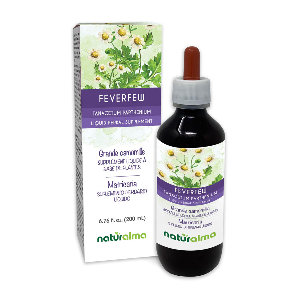 Naturalma Feverfew tincture bottle with dropper, alcohol-free herbal supplement for daily use
