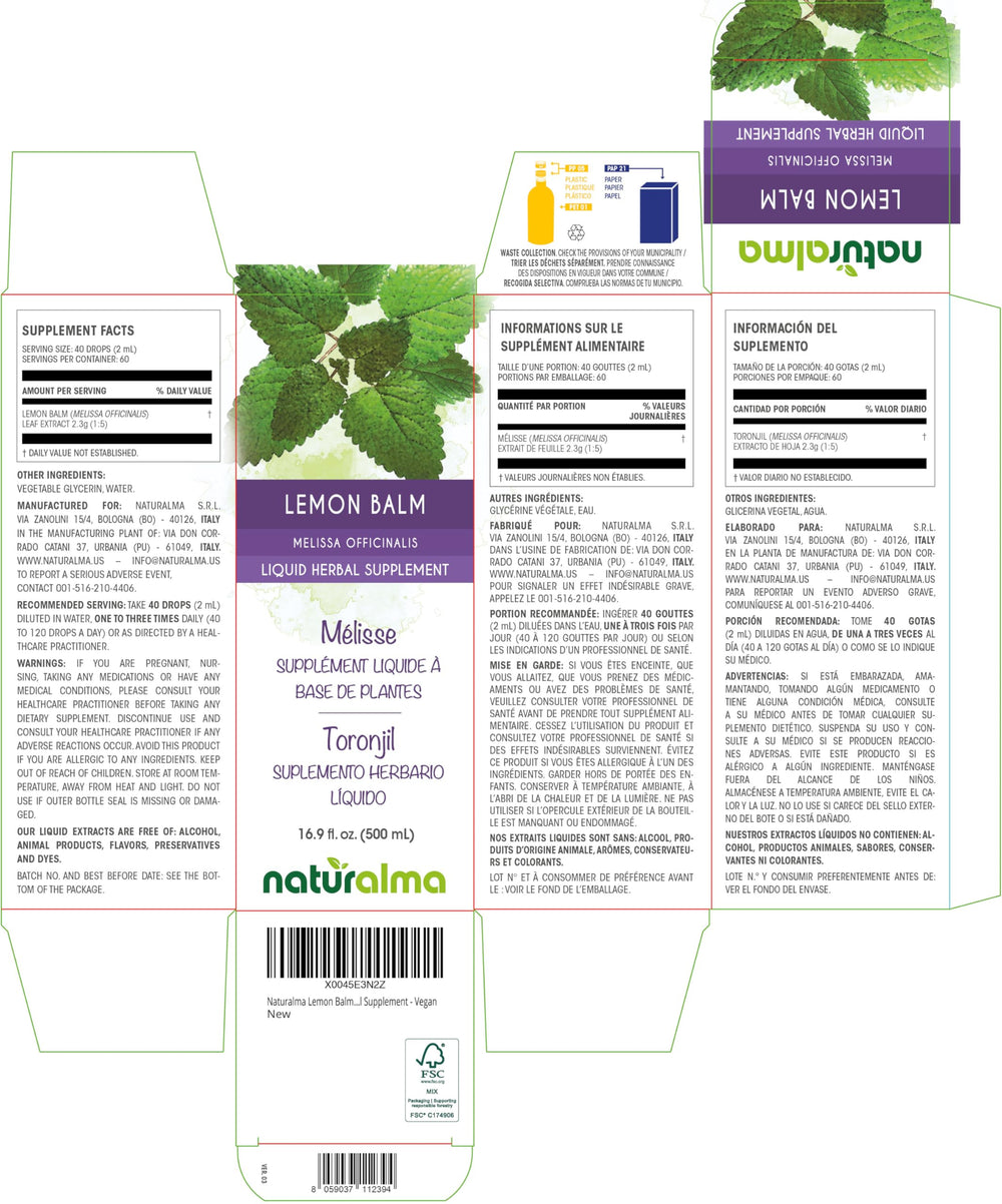 Naturalma lemon balm tincture label close-up showing alcohol-free formula