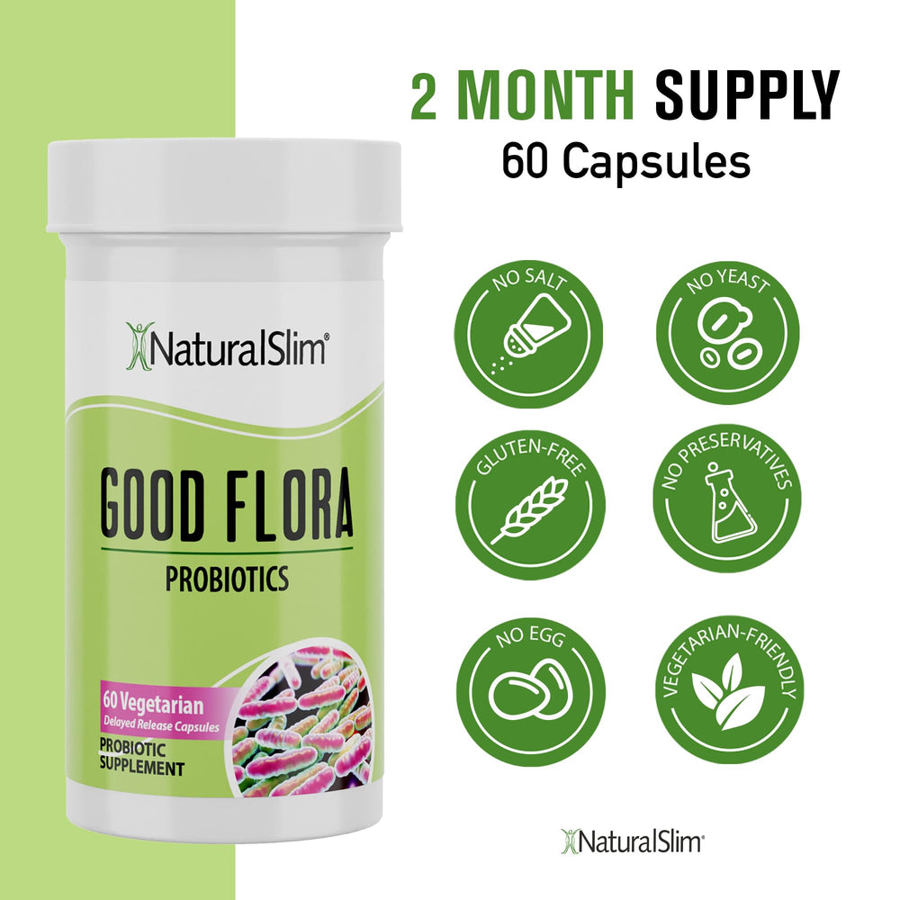 Bottle label detail showcasing Good Flora branding and probiotic features