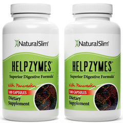 NaturalSlim Helpzymes bottle pour demonstrates easy-to-use enzyme capsules for daily digestion support.