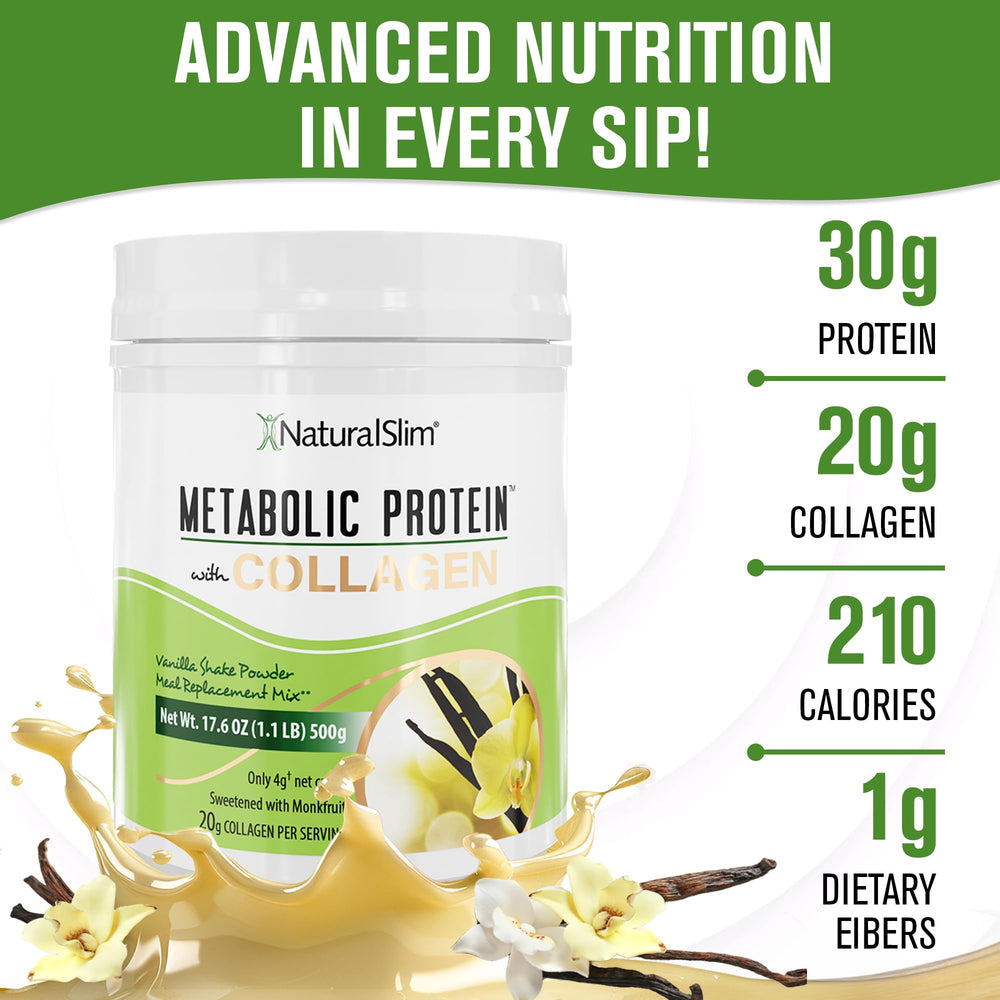 NaturalSlim Hydrolyzed Collagen powder with scoop emphasizes skin and joint nourishment
