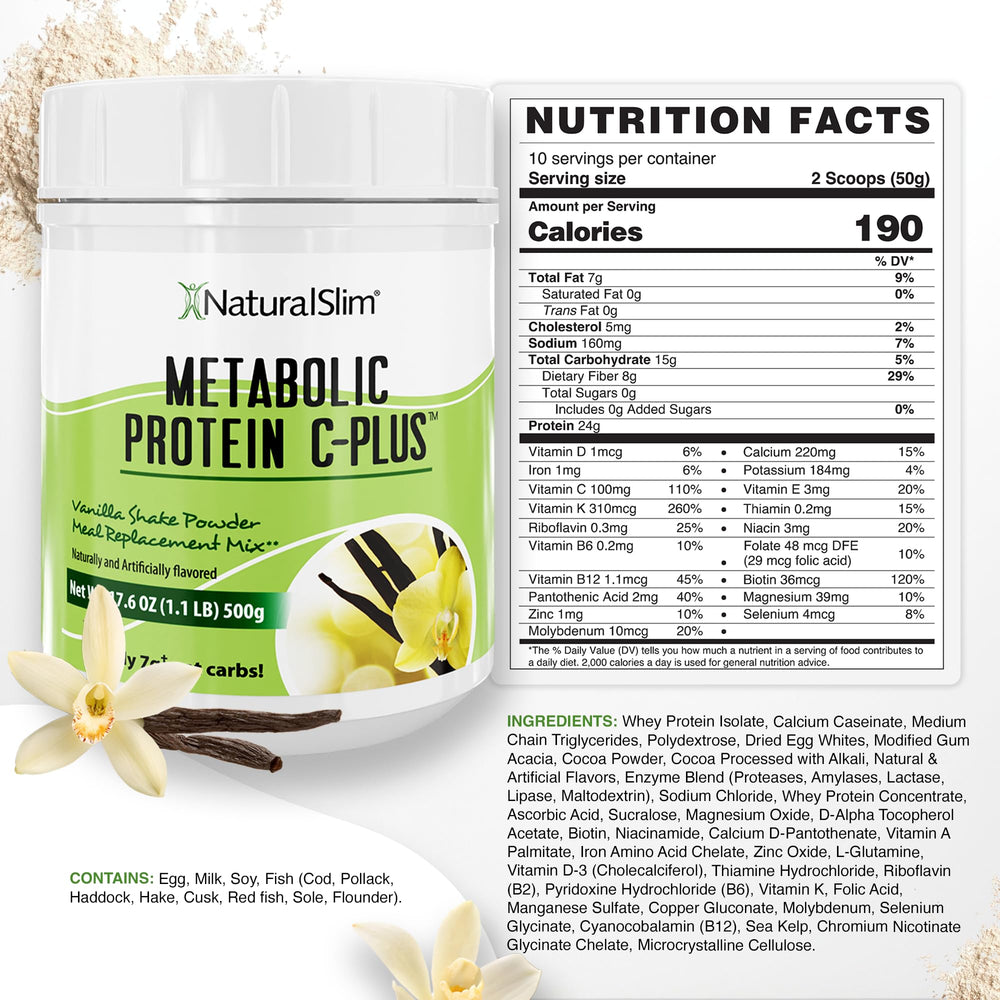 NaturalSlim Metabolic Protein C-Plus vanilla tub with label highlighting vitamin C and enzymes