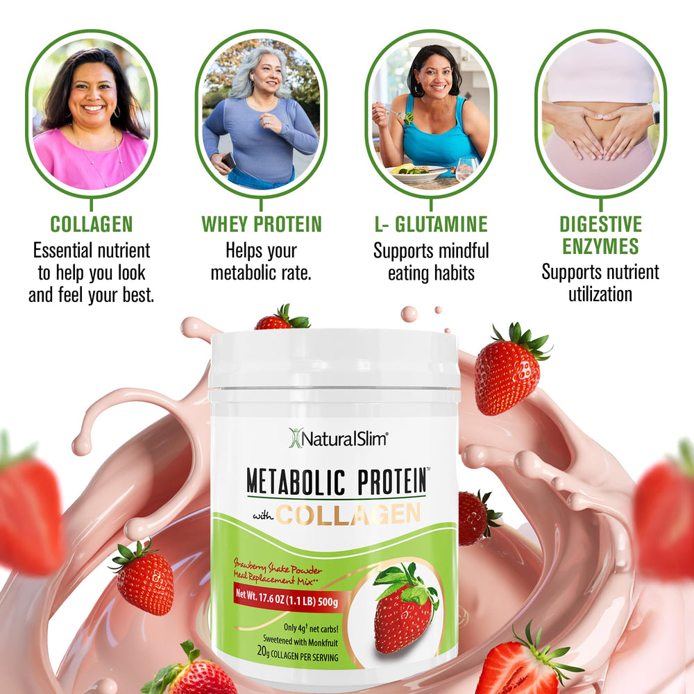 Close-up of NaturalSlim Metabolic Protein Powder strawberry label on the tub.