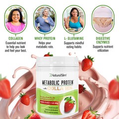 Close-up of NaturalSlim Metabolic Protein Powder strawberry label on the tub.