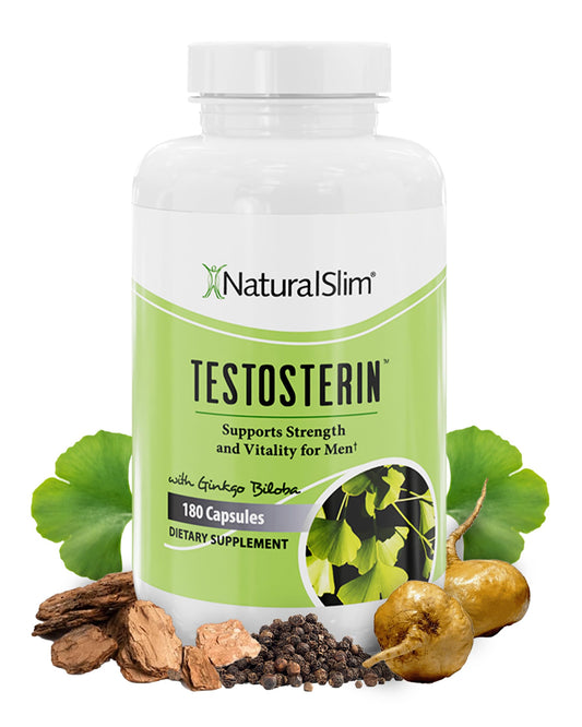 NaturalSlim testosterone booster bottle labeled for energy and muscle support.